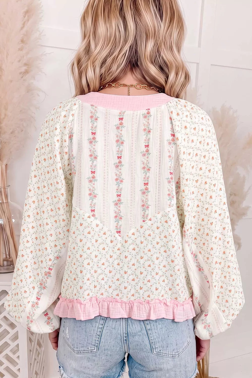 Floral Print Lace-Up Front Blouse with Ruffle Hem - Lilixa.store