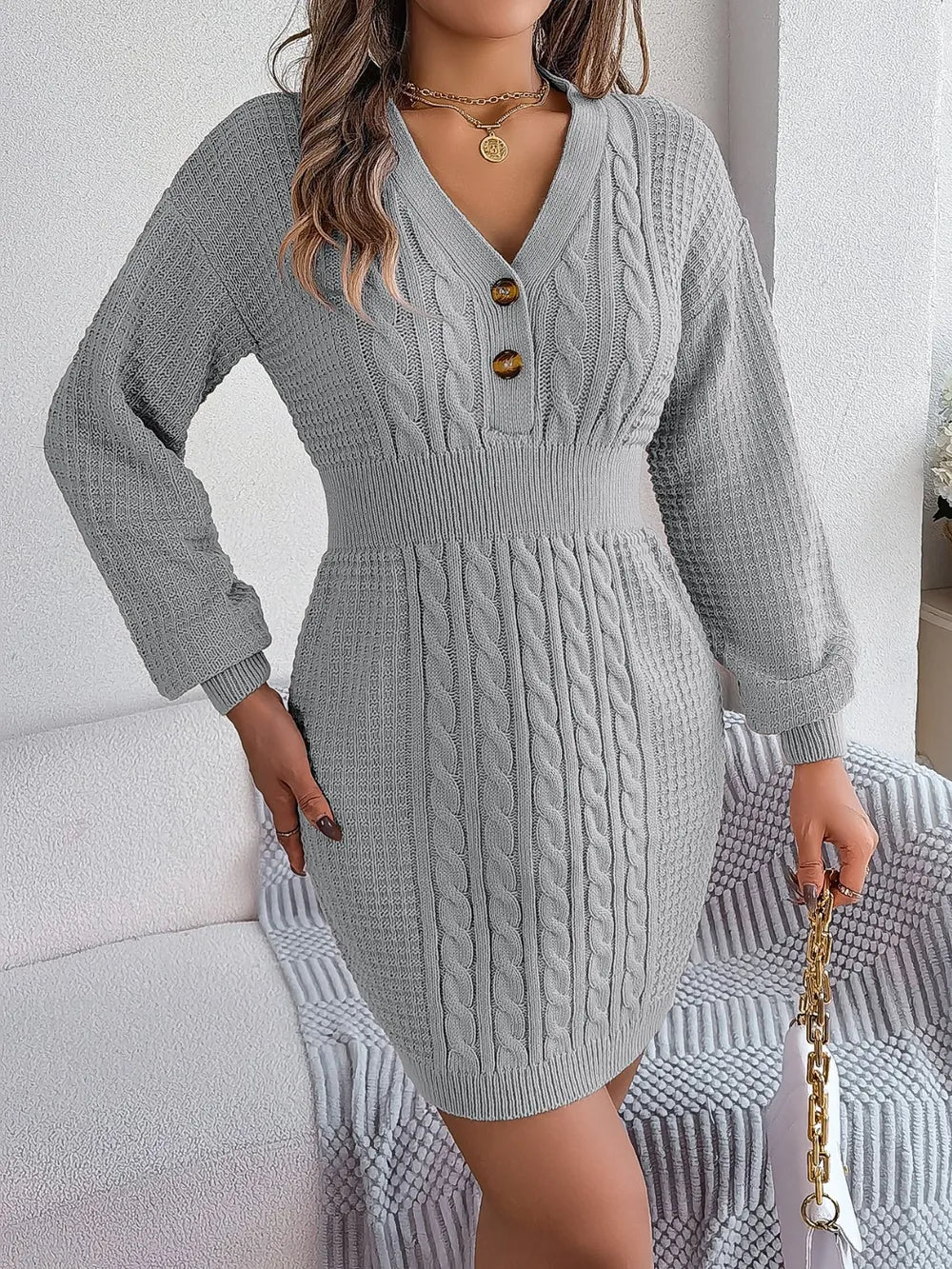 Buttoned Cable-Knit V-Neck Sweater Dress, view 2