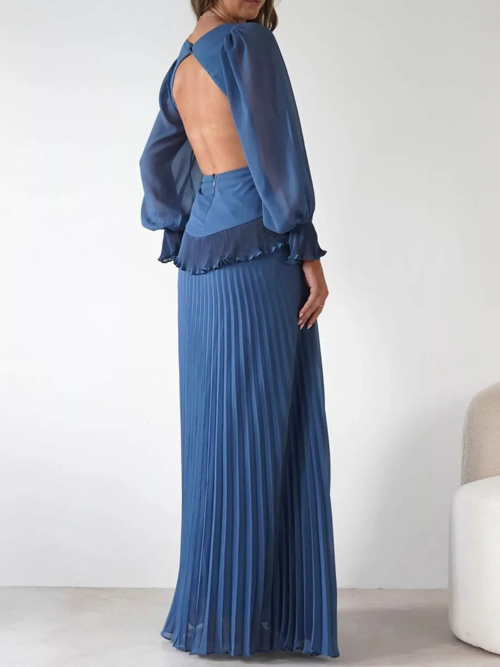 Backless Pleated Long Sleeve Maxi Dress - Lilixa.store