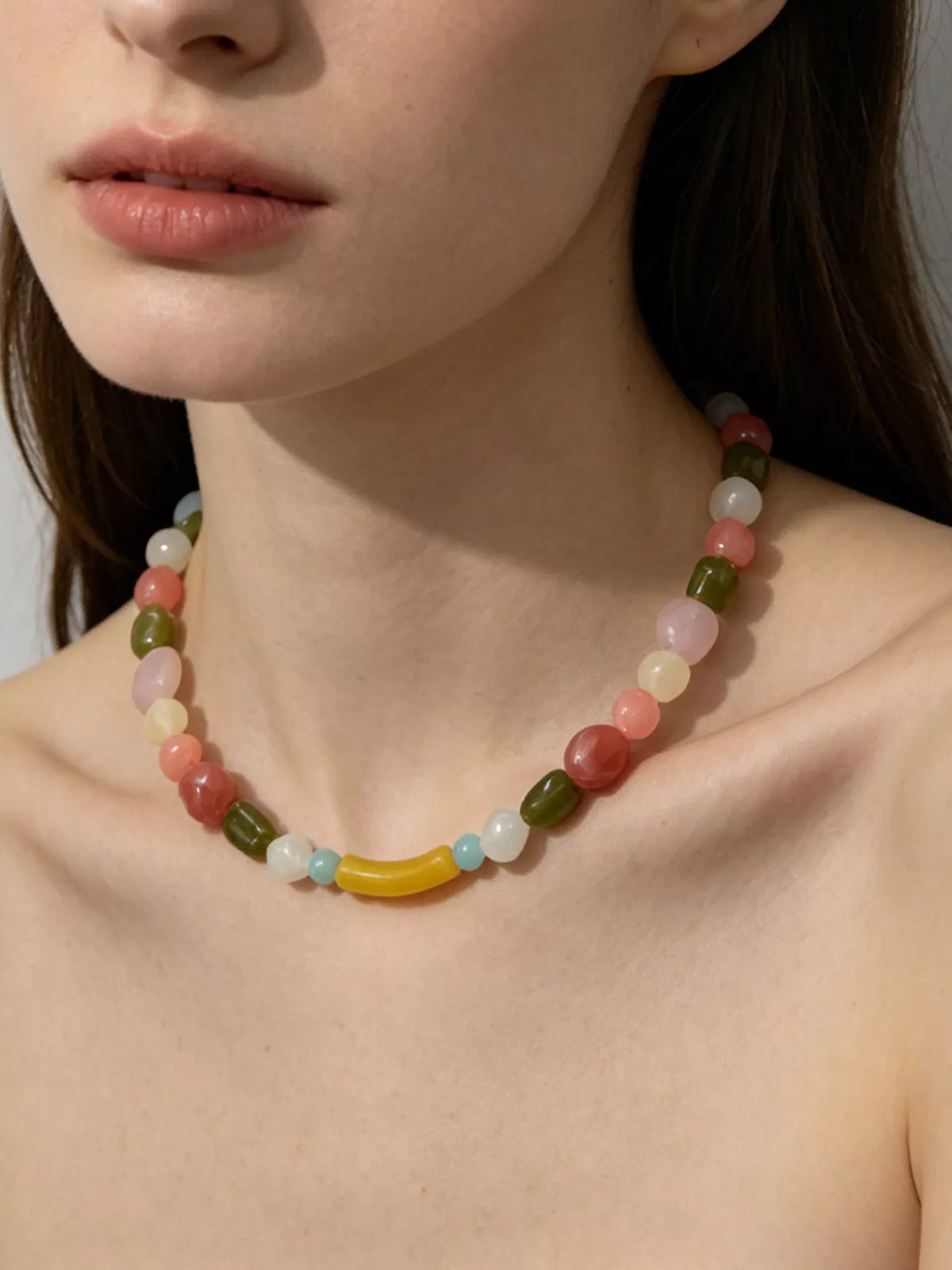 Colorful Beaded Choker Necklace in Pastel Yellow, view 3