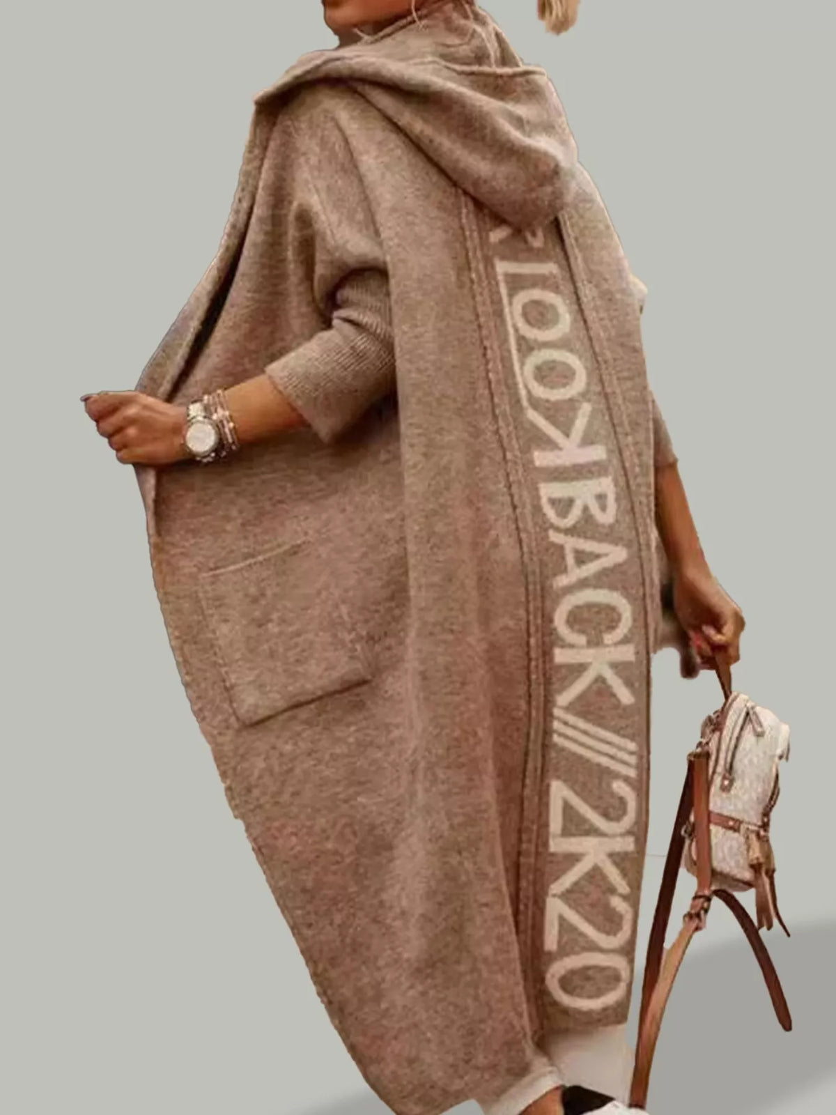 Full Size Letter Back Hooded Cardigan Plus Size in Light Brown