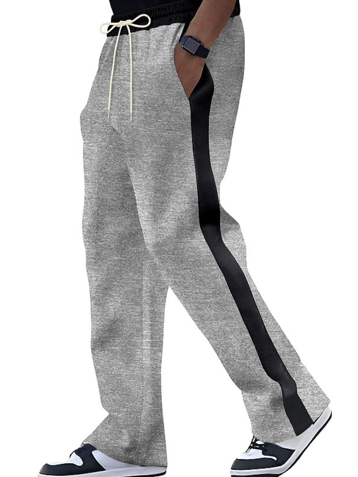 Men's Full Size Contrast Stripe Drawstring Sweatpants Plus Size in Light Gray