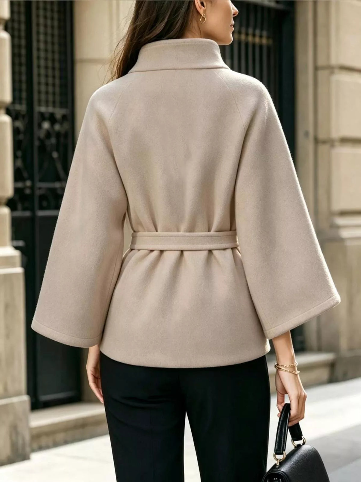 Button Down Cape Coat with Belted Waist, view 3