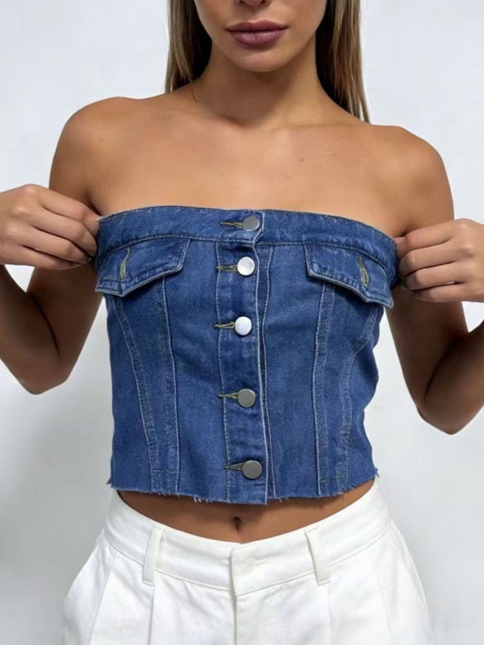 Button Front Denim Tube Top - Lilixa.store