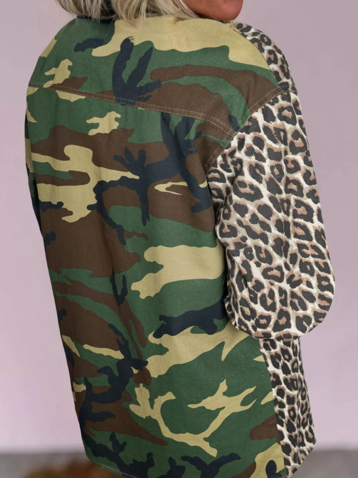 Camouflage Leopard Print Mixed Pattern Oversized Jacket in Green Camouflage, view 3