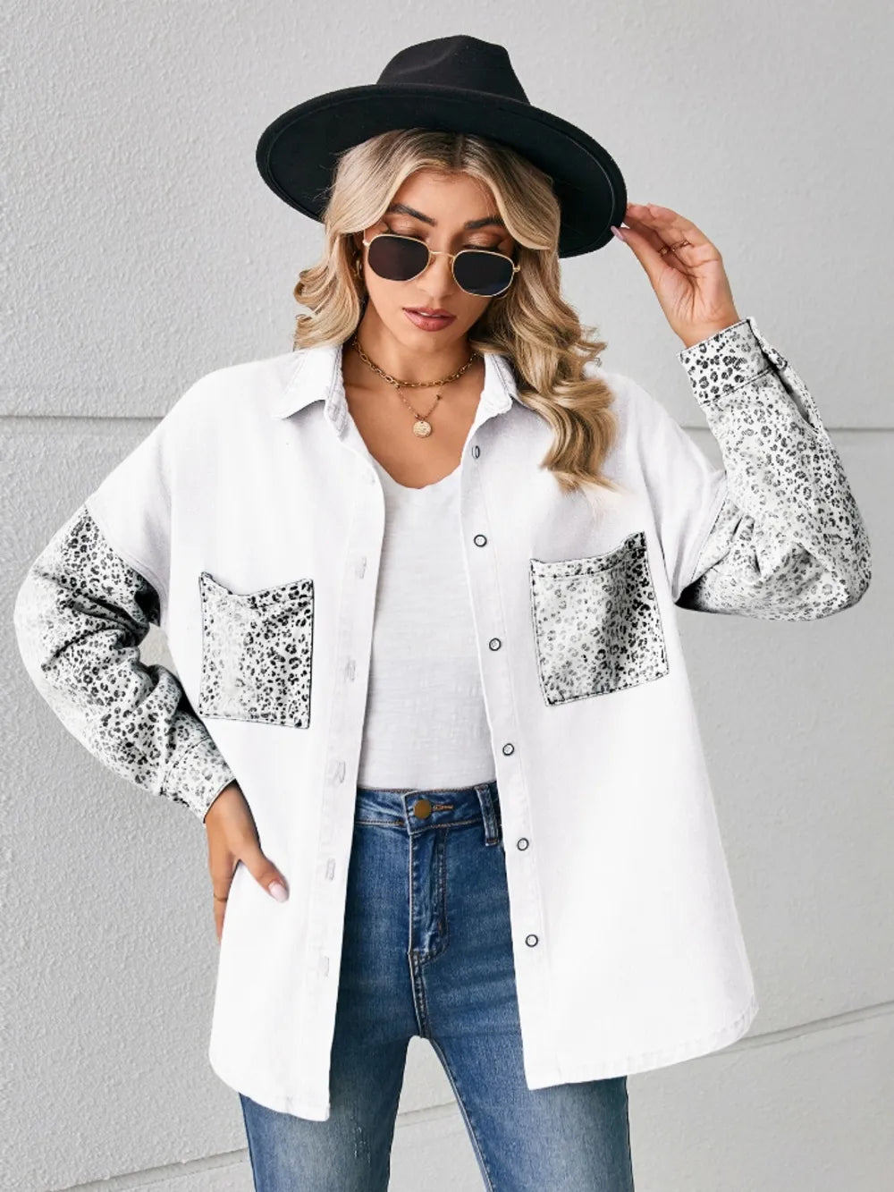 Leopard Button Up Denim Jacket, view 10