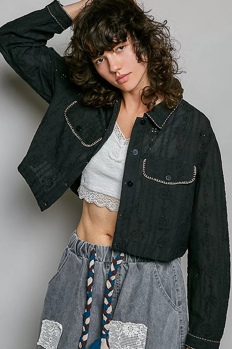 POL Cropped Button-Front Eyelet Cotton Jacket in Black, view 5