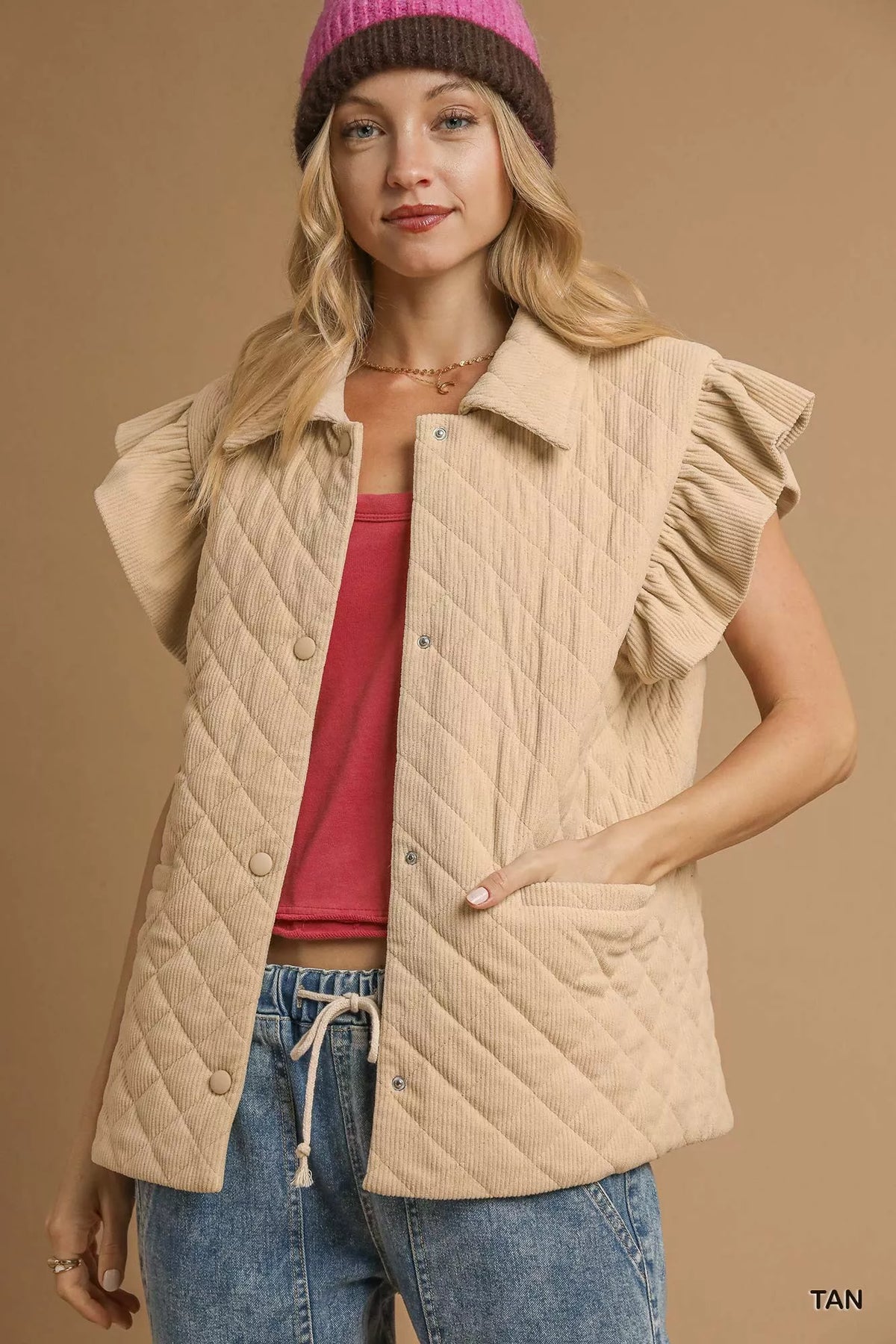 Umgee Corduroy Quilted Ruffle Sleeve Vest - Lilixa.store