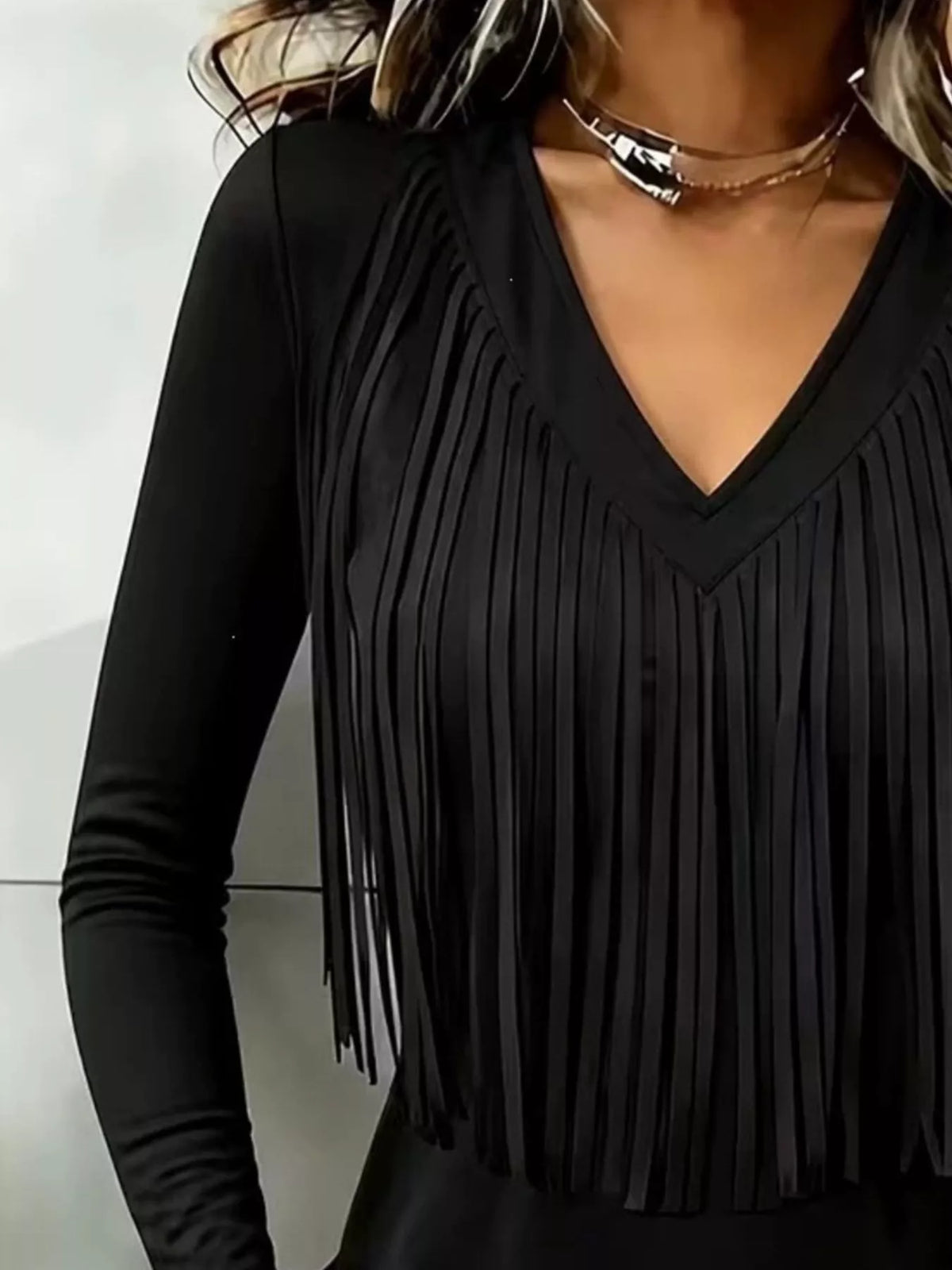 Fringe V-Neck Long Sleeve T-Shirt - Lilixa.store