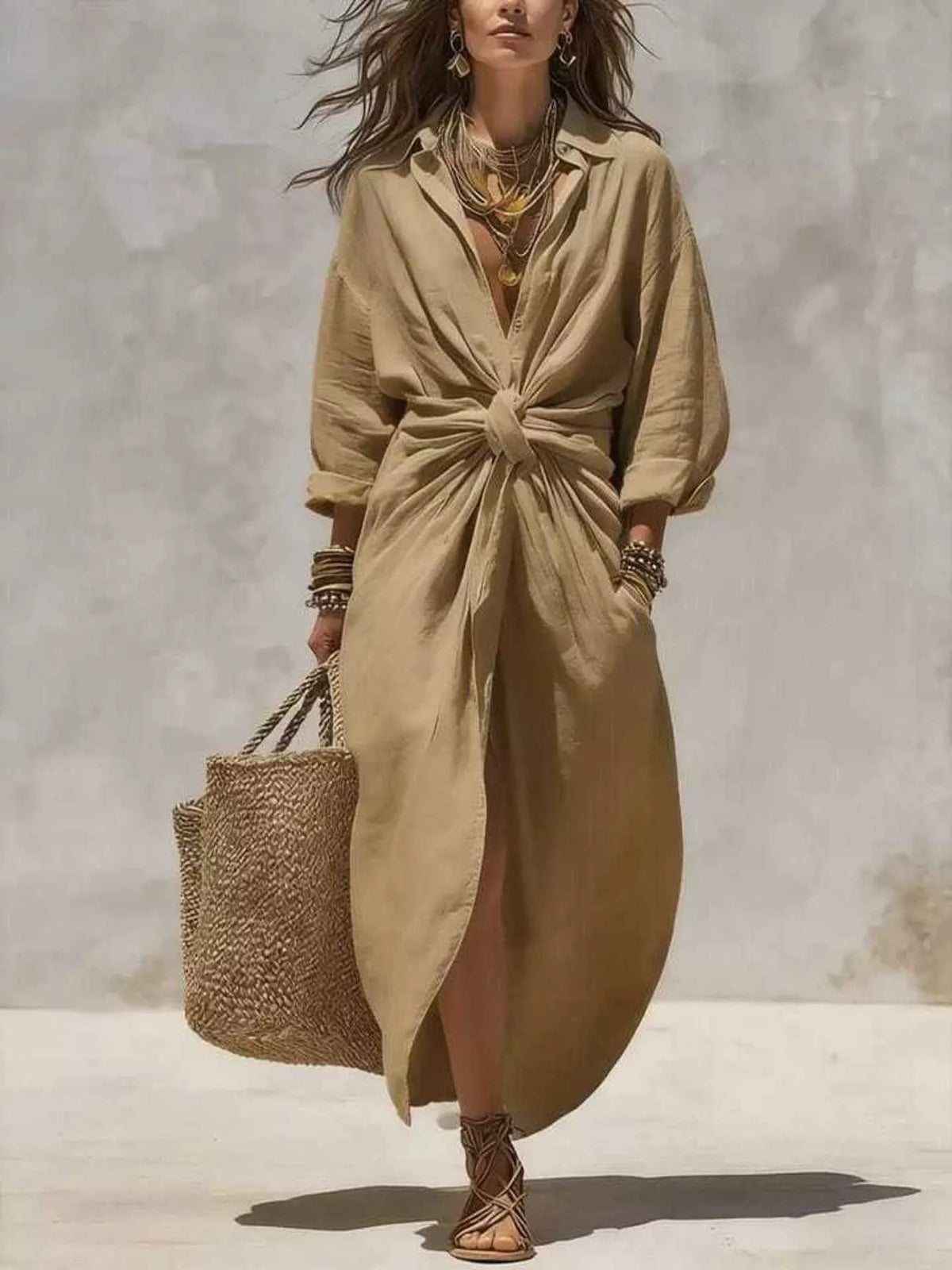 Front-Tie Maxi Shirt Dress - Lilixa.store