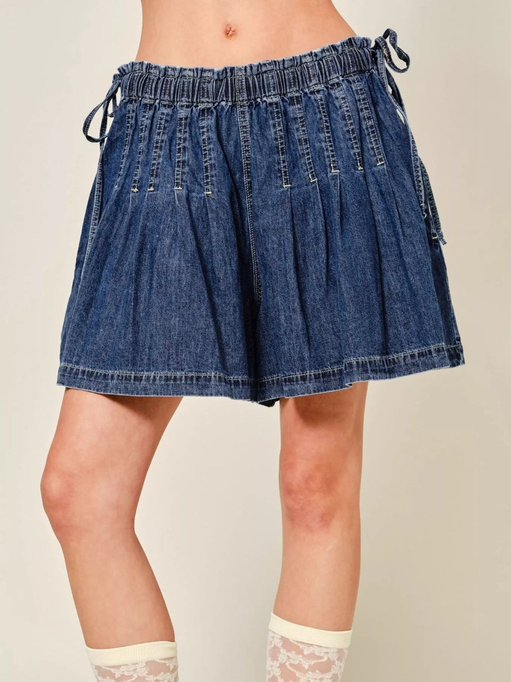 Pleated Elastic Waist Denim Shorts - Lilixa.store
