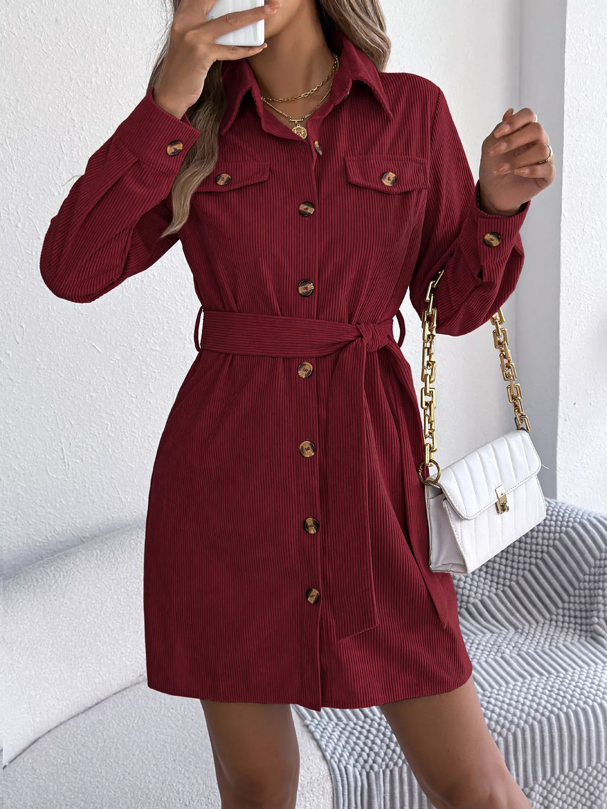 Corduroy Button-Down Shirt Dress - Lilixa.store