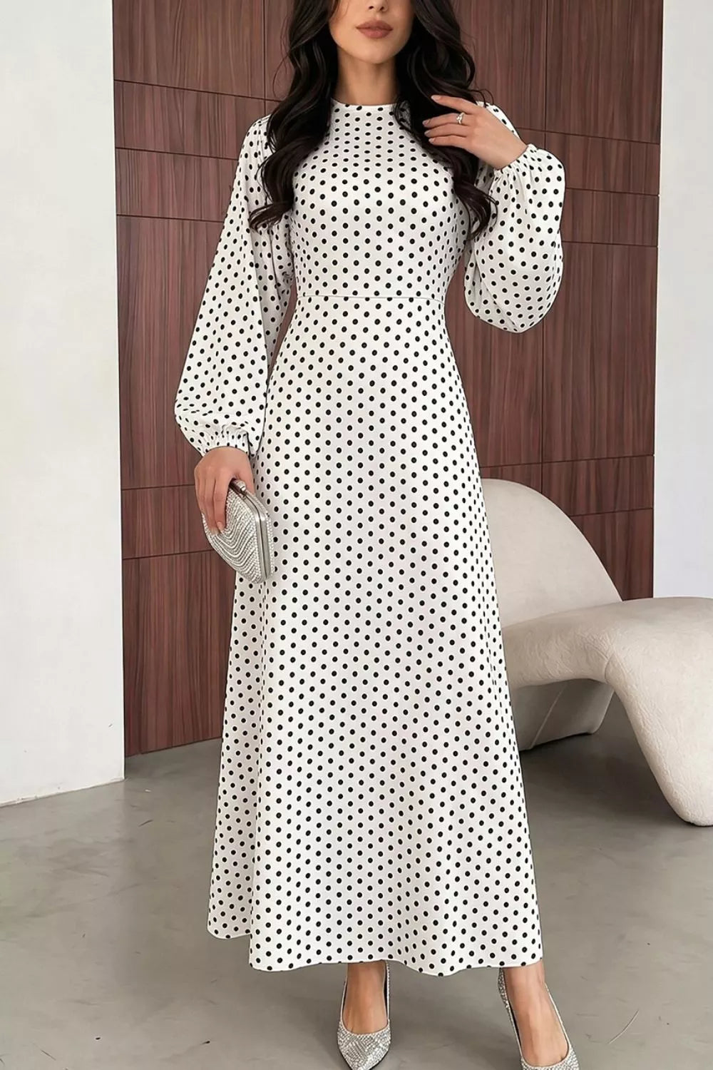 Polka Dot Long Sleeve Maxi Dress - Lilixa.store