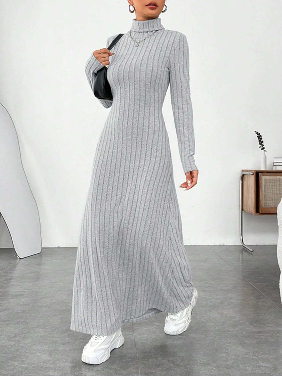 Ribbed Turtleneck Long Sleeve Maxi Knit Dress in Gray, view 6