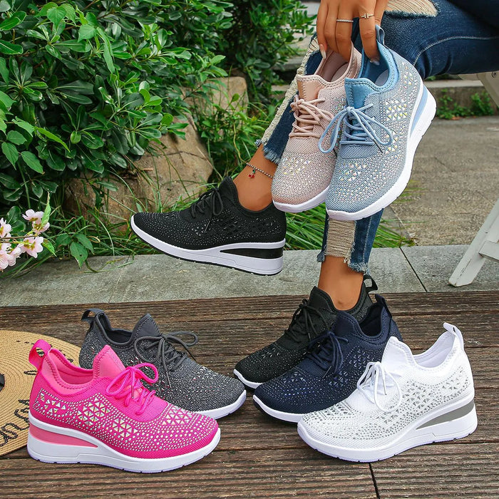Breathable Mesh Rhinestone Wedge Athletic Sneakers - Lilixa.store