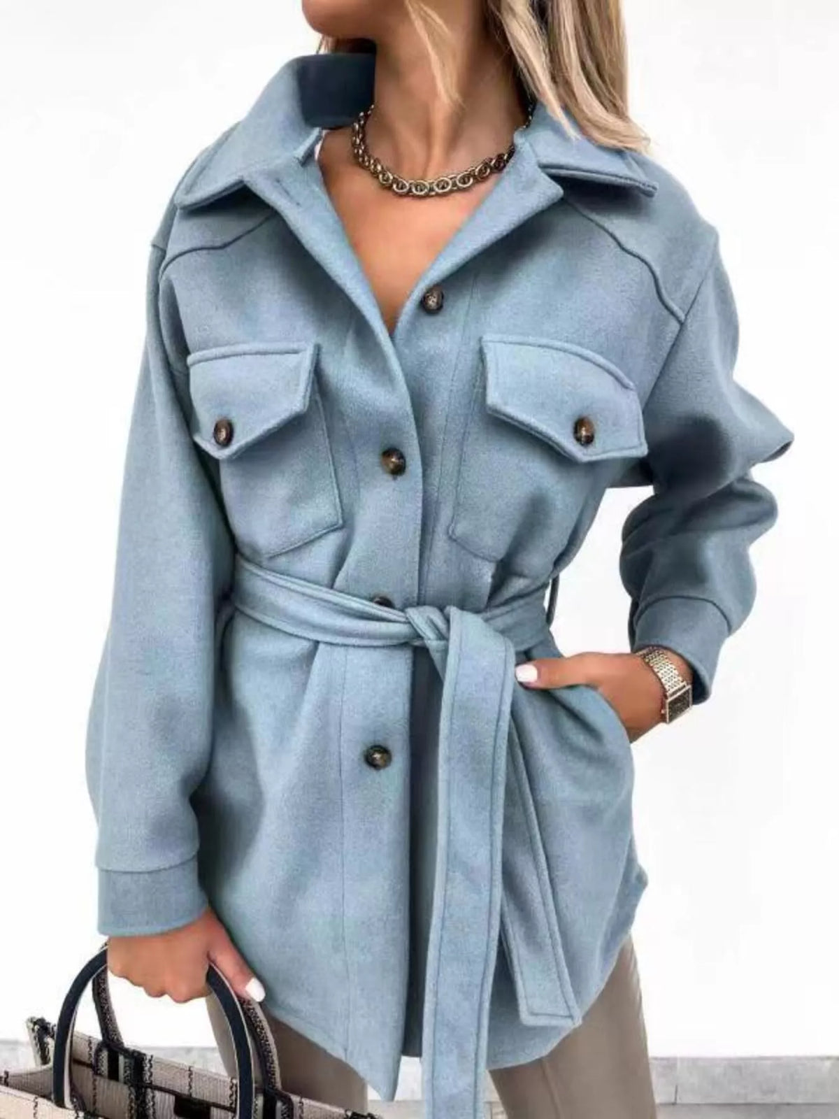 Button-Down Tie Waist Coat in Haze Blue