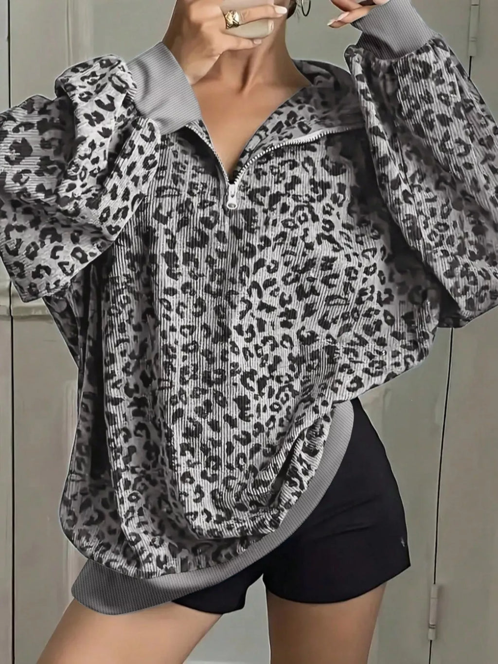 Leopard Print Quarter-Zip Sweatshirt - Lilixa.store