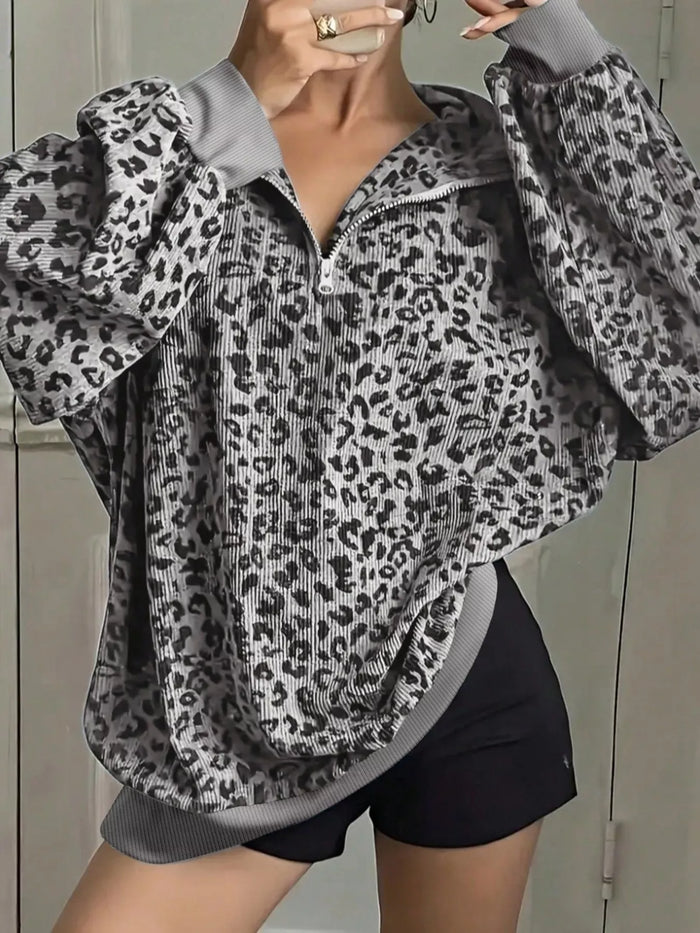 Leopard Print Quarter-Zip Sweatshirt - Lilixa.store