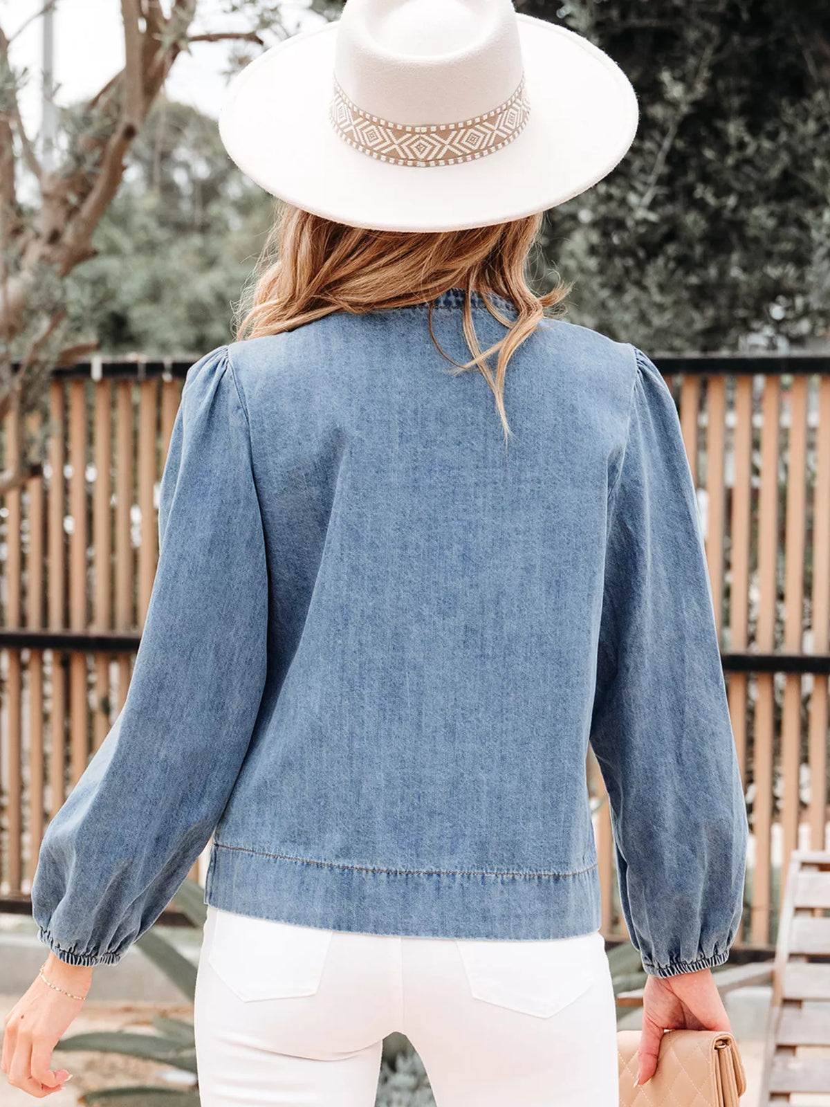 Tied Front Puff Sleeve Denim Top in Dusty Blue, view 3