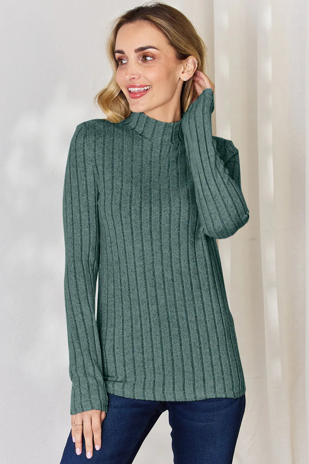 Basic Bae Full Size Ribbed Mock Neck Long Sleeve T-Shirt - Lilixa.store