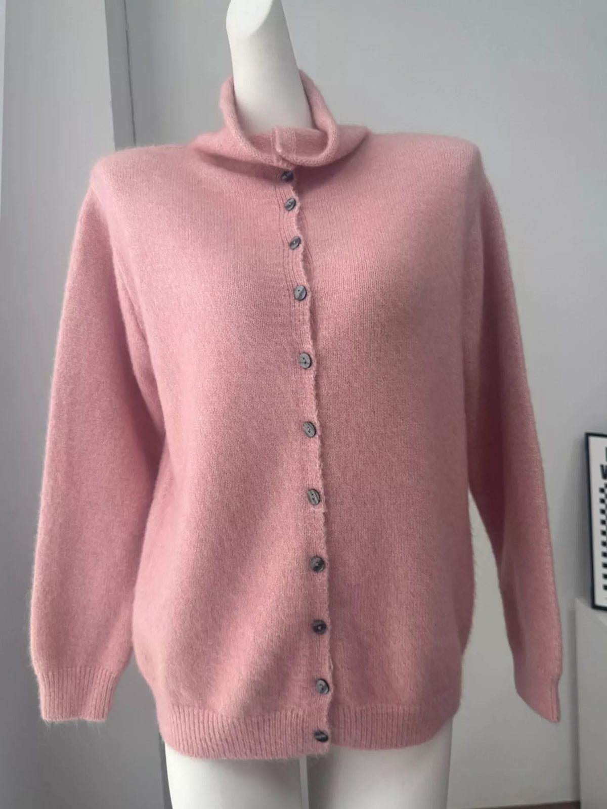 Mock Neck Button-Down Fuzzy Knit Cardigan, view 6