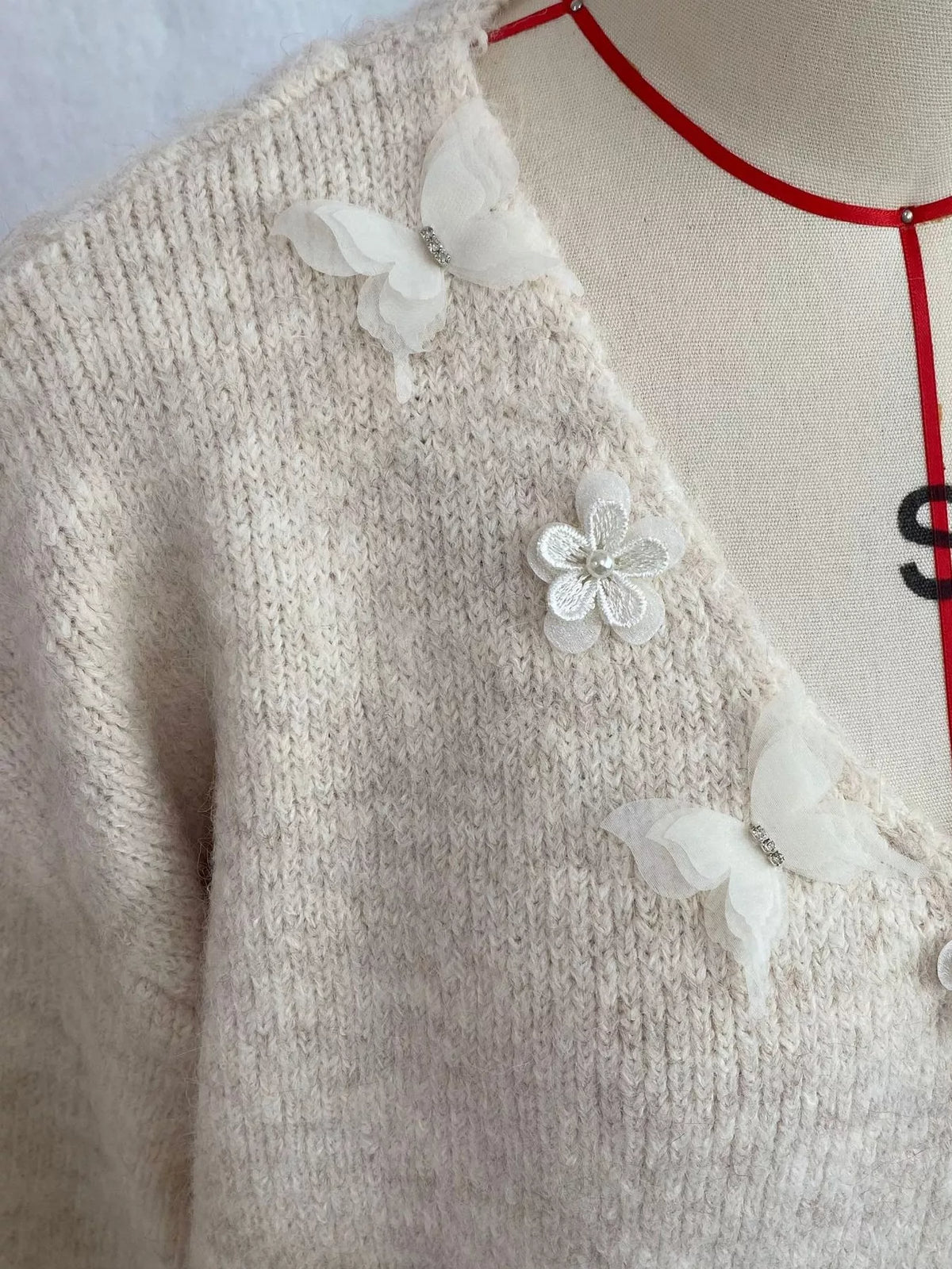 V-Neck Floral Applique Lace Hem Sweater, view 12