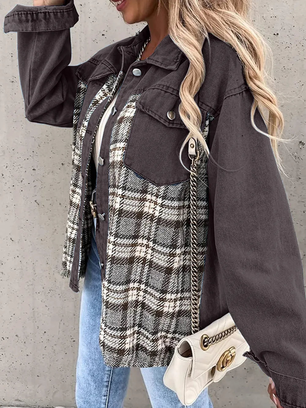 Plaid Button Up Dropped Shoulder Jacket, view 21