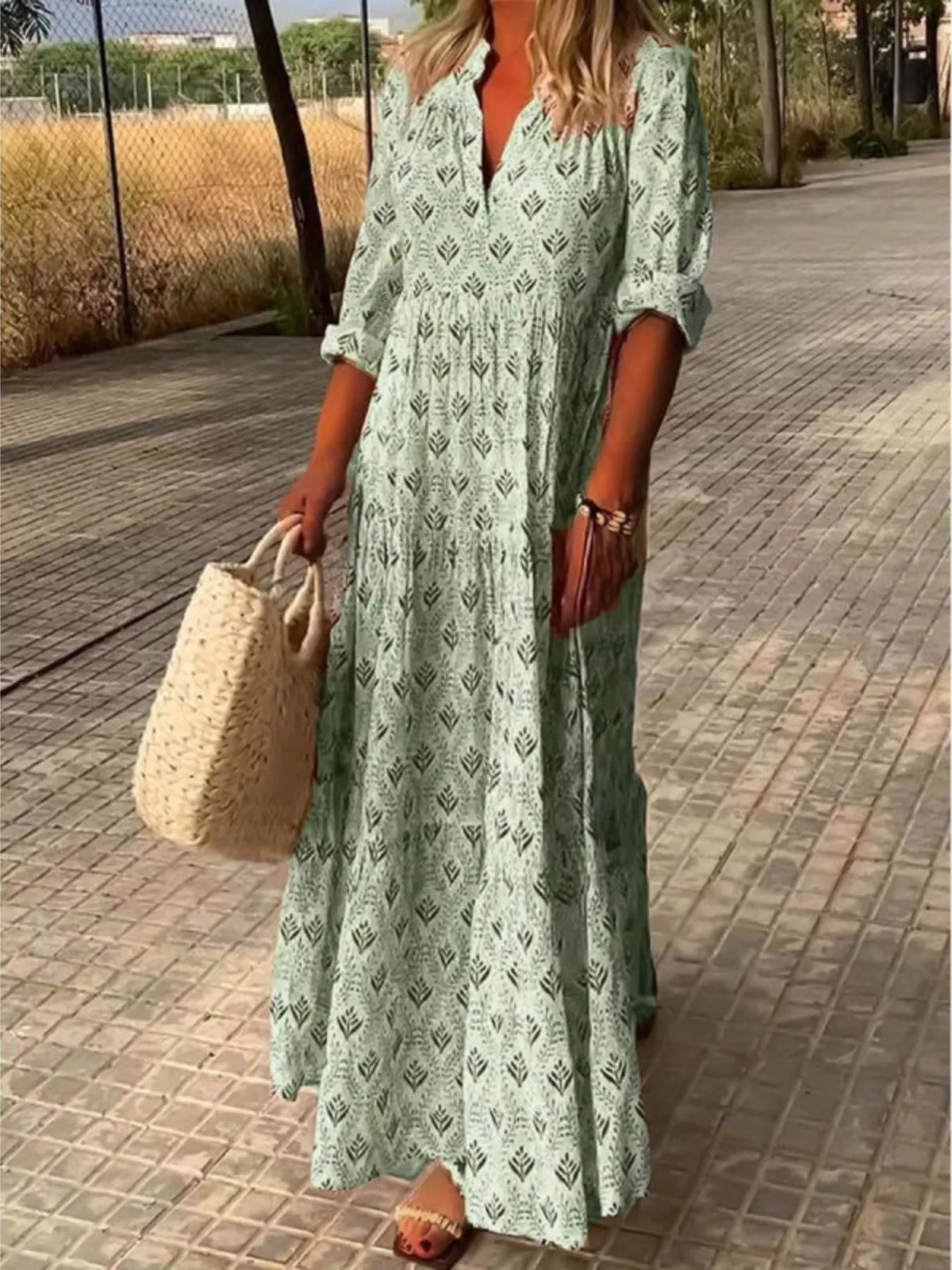 Full Size Printed Notched Tiered Maxi Dress Plus Size - Lilixa.store