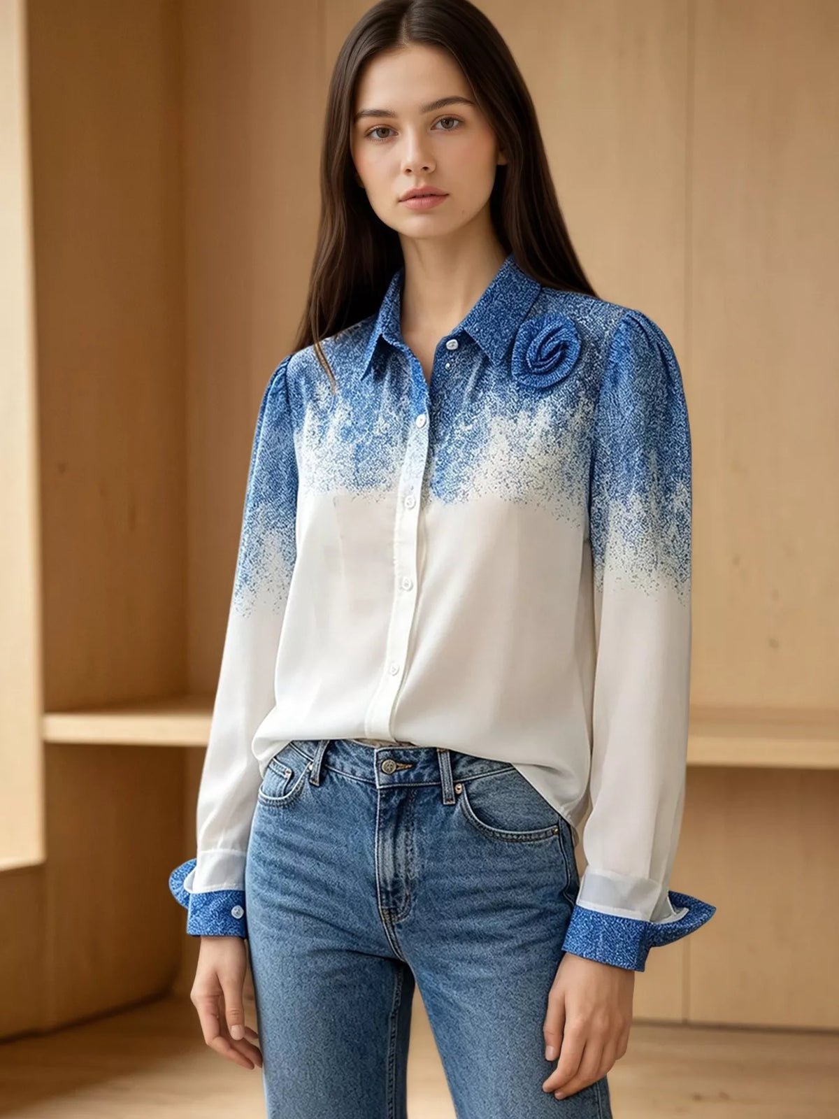 Flower Gradient Button Up Shirt in Blue