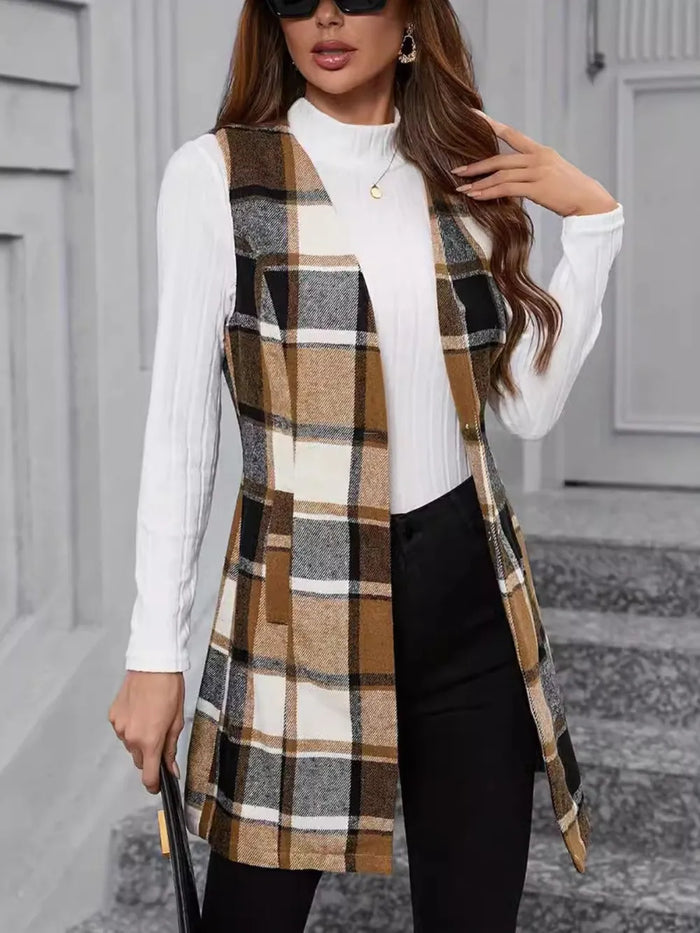 Plaid V-Neck Vest Coat in Camel