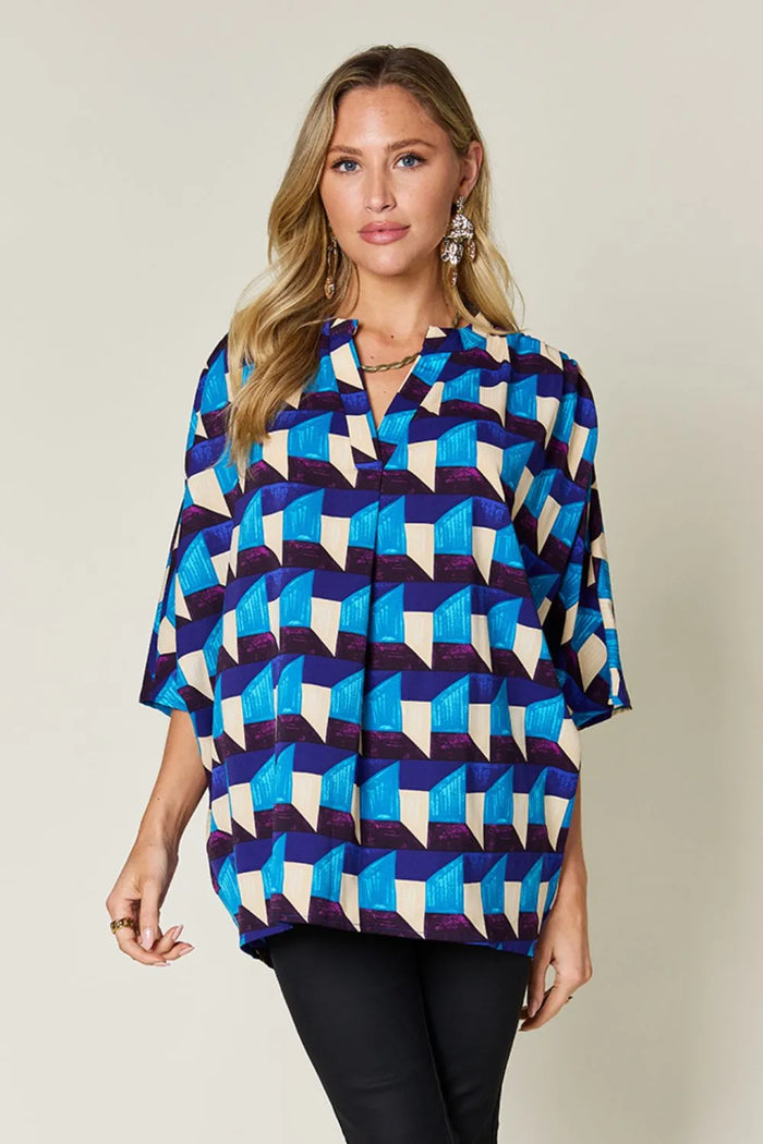 Double Take Full Size Geometric Notched Half Sleeve Blouse - Lilixa.store