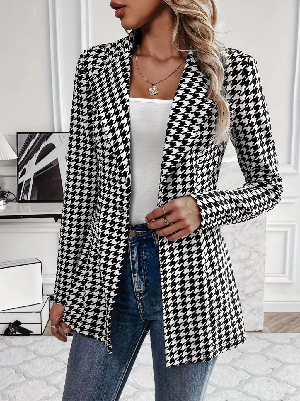 Houndstooth Print Lapel Collar Blazer - Lilixa.store
