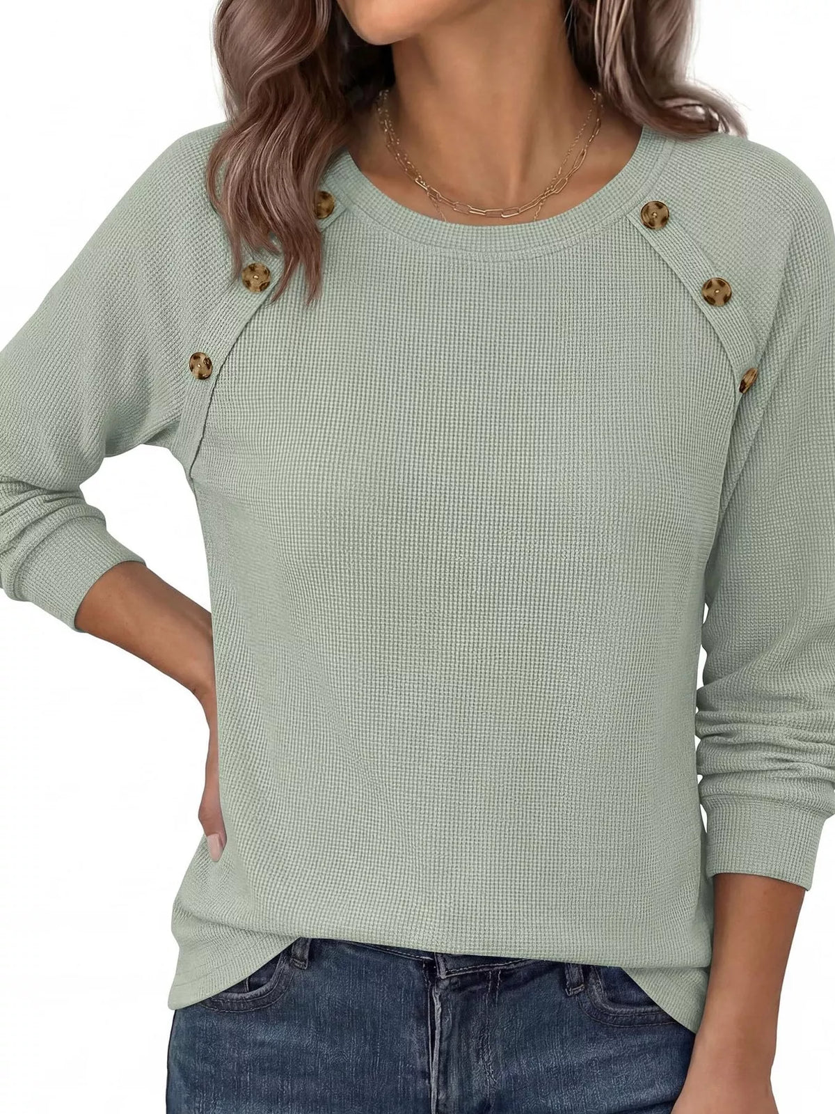 Decorative Button Waffle Knit Long Sleeve T-Shirt