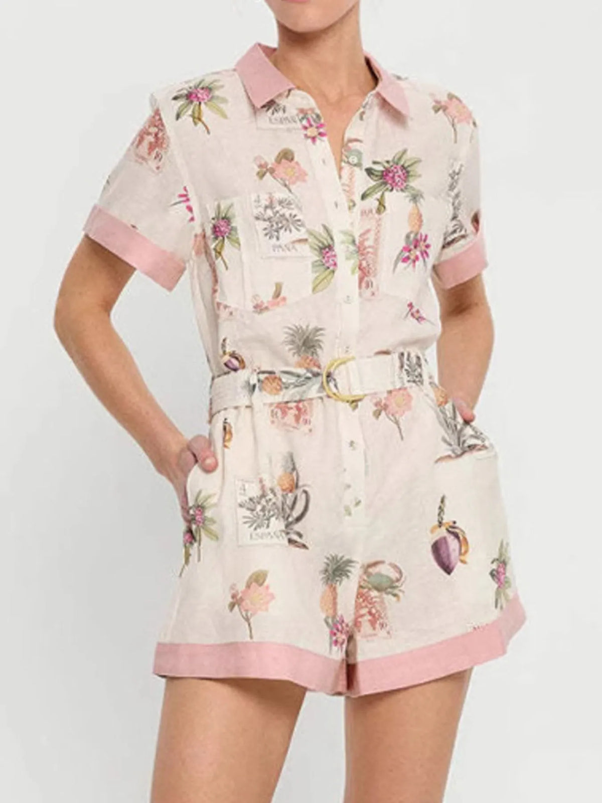 Printed Short Sleeve Romper with Belt - Lilixa.store