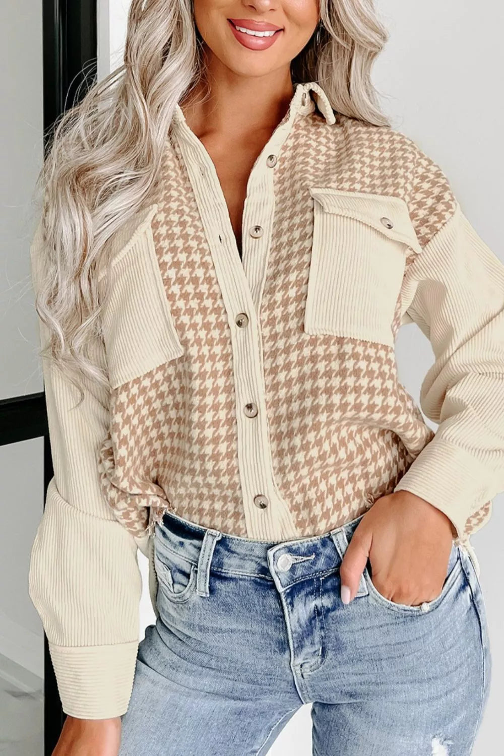 Houndstooth Button-Down Jacket in Beige, view 3