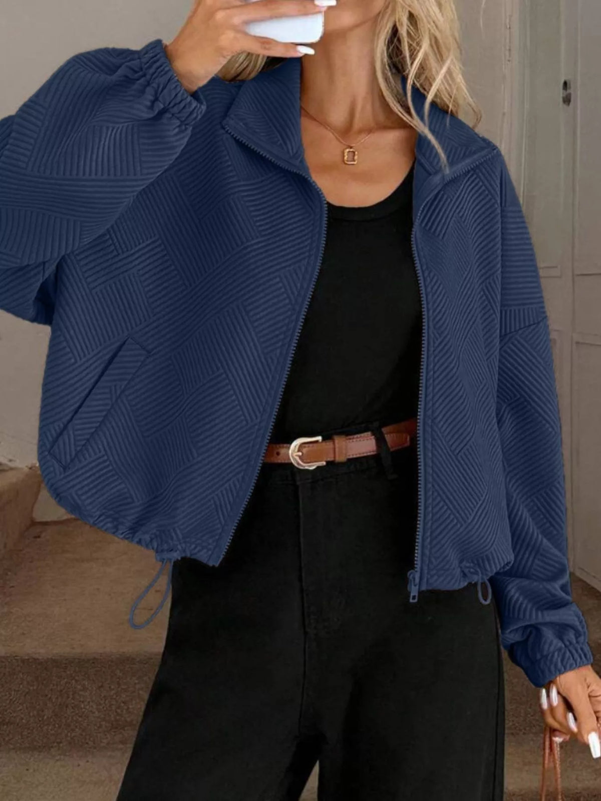 Textured Zip-Up Drawstring Hem Jacket, view 11