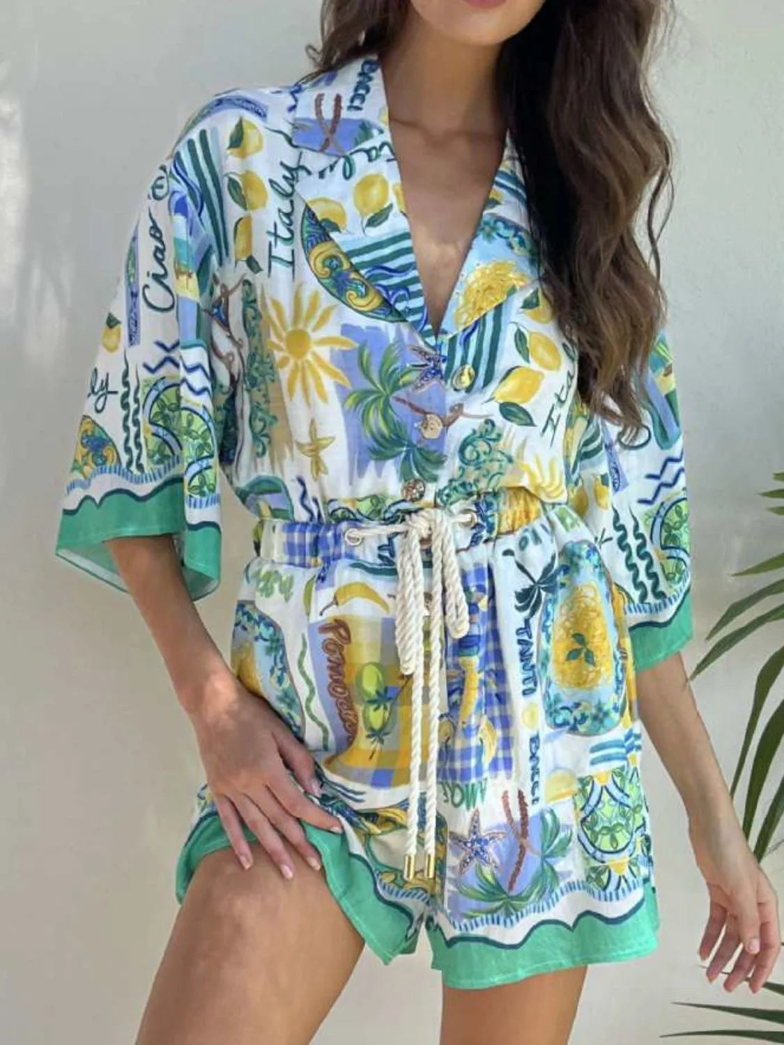 Printed Collared Neck Half Sleeve Romper - Lilixa.store