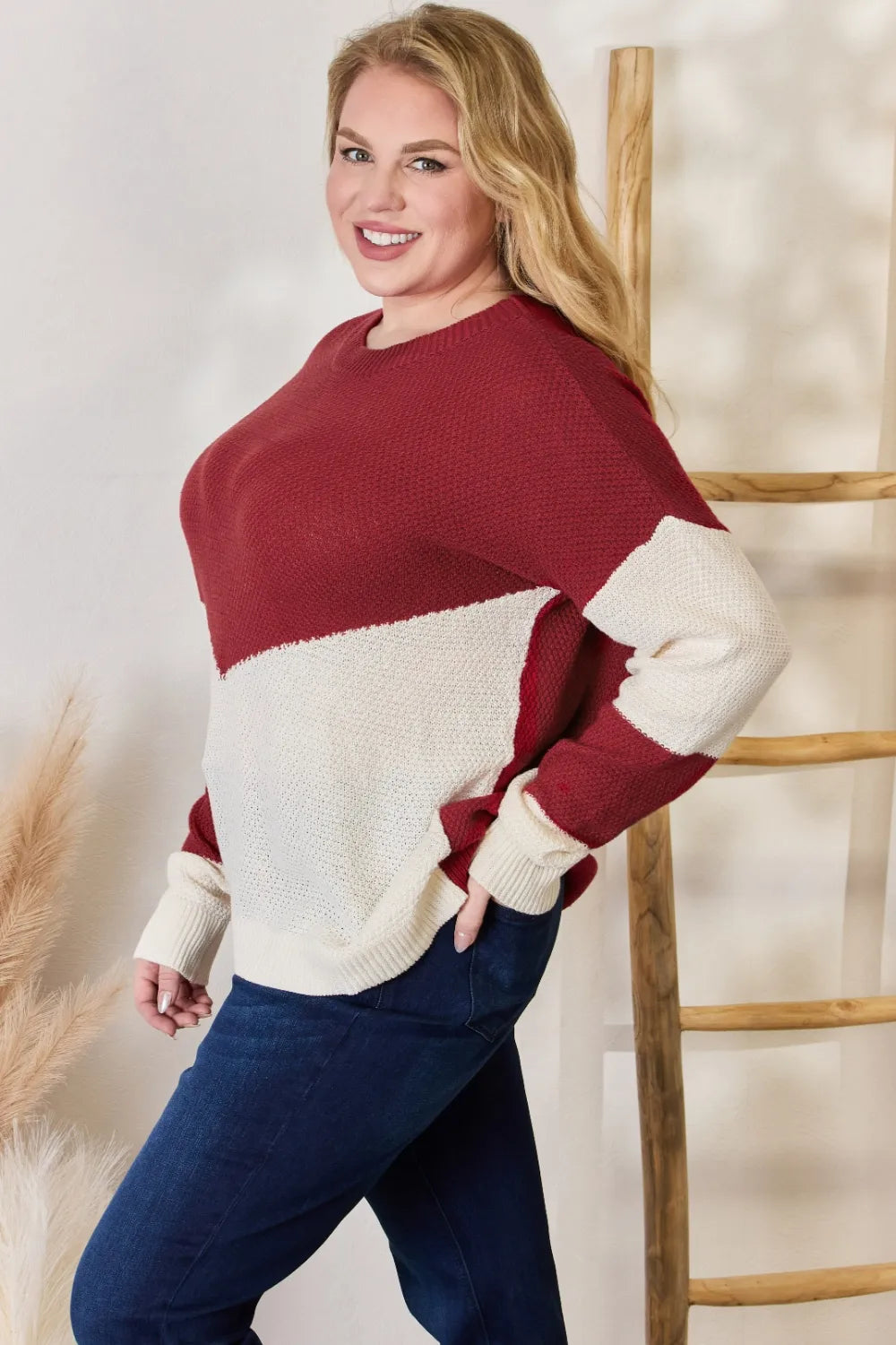 Hailey & Co Full Size Color Block Dropped Shoulder Knit Top - Lilixa.store