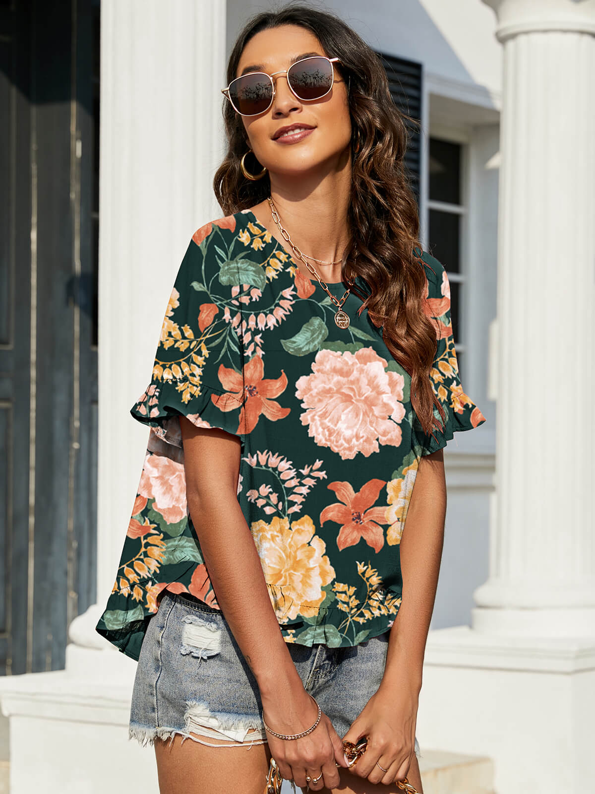 Floral Ruffled Flounce Sleeve Blouse in Turquoise, view 6