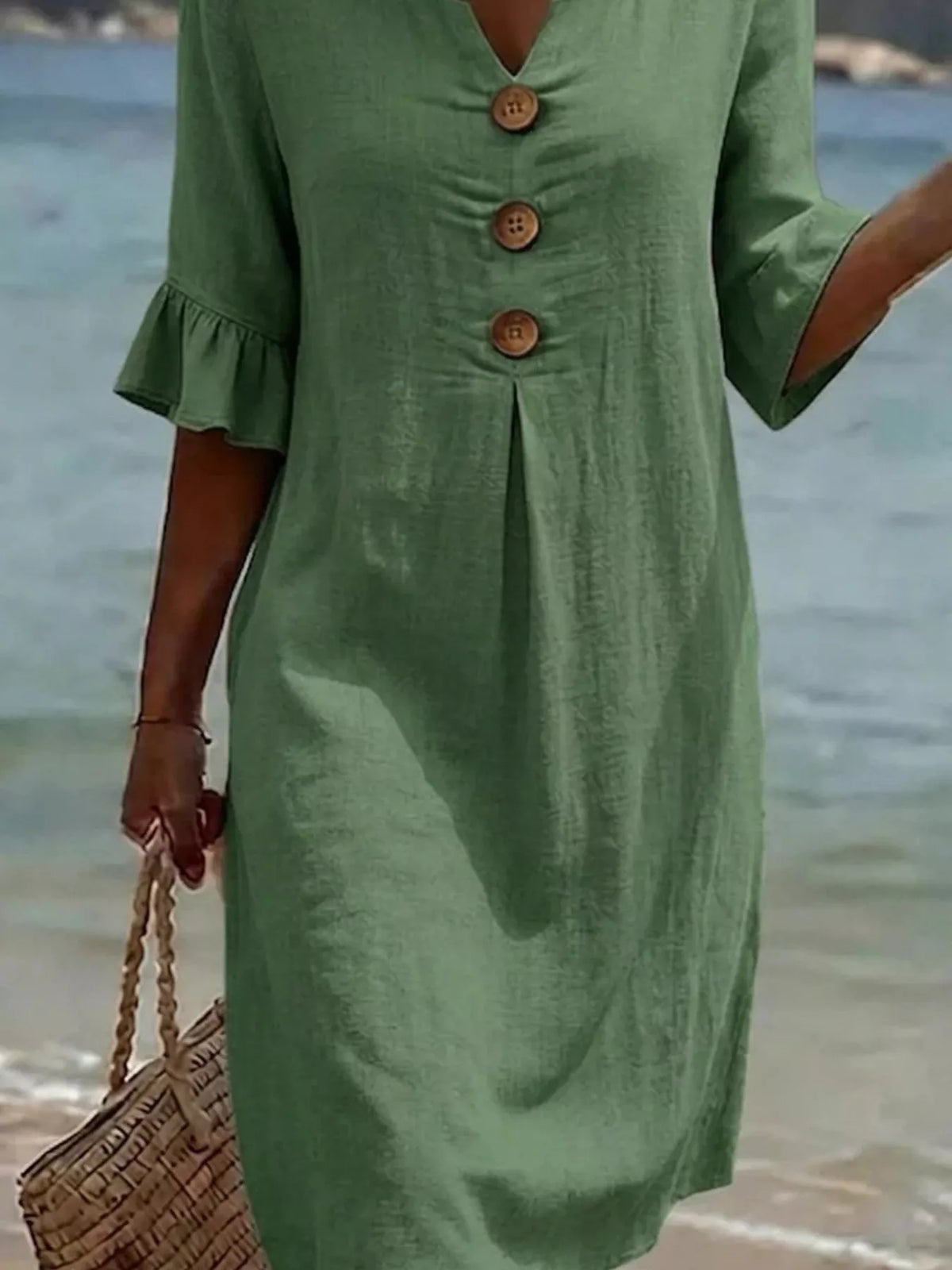 Full Size Decorative Button Ruffle Half Sleeve Dress Plus Size - Lilixa.store