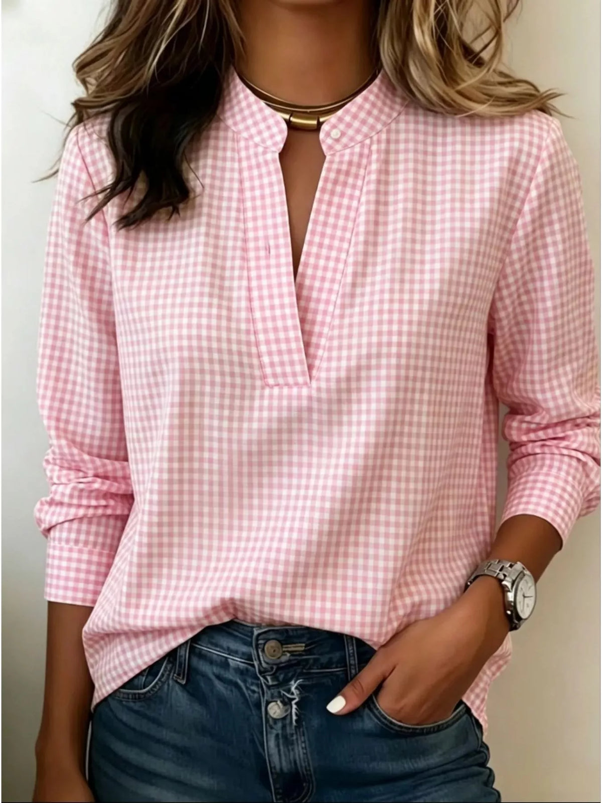 Full Size Plaid Notched Long Sleeve Blouse Plus Size - Lilixa.store