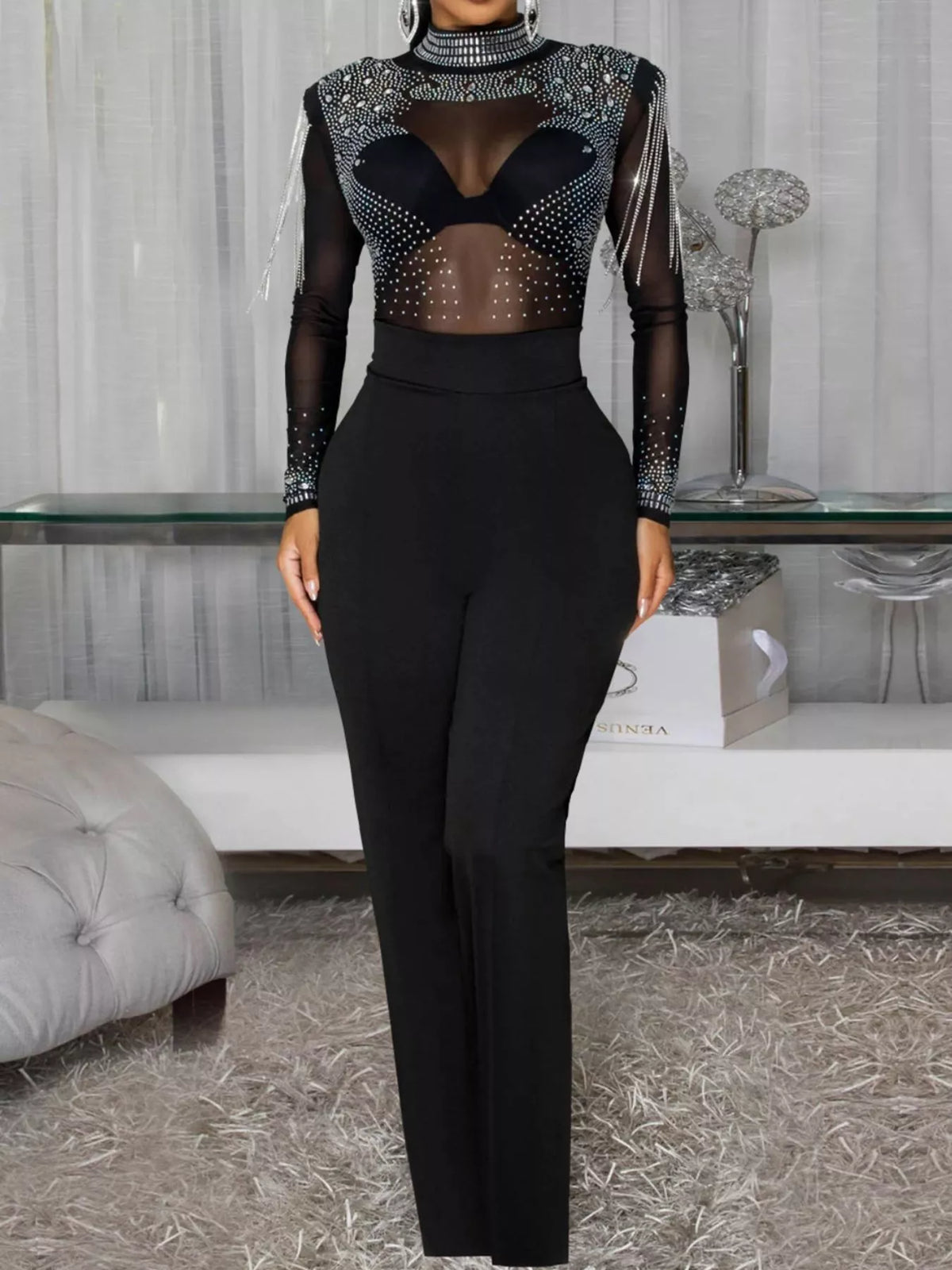 Rhinestone Embellished Mesh Long Sleeve Jumpsuit in Black, view 2
