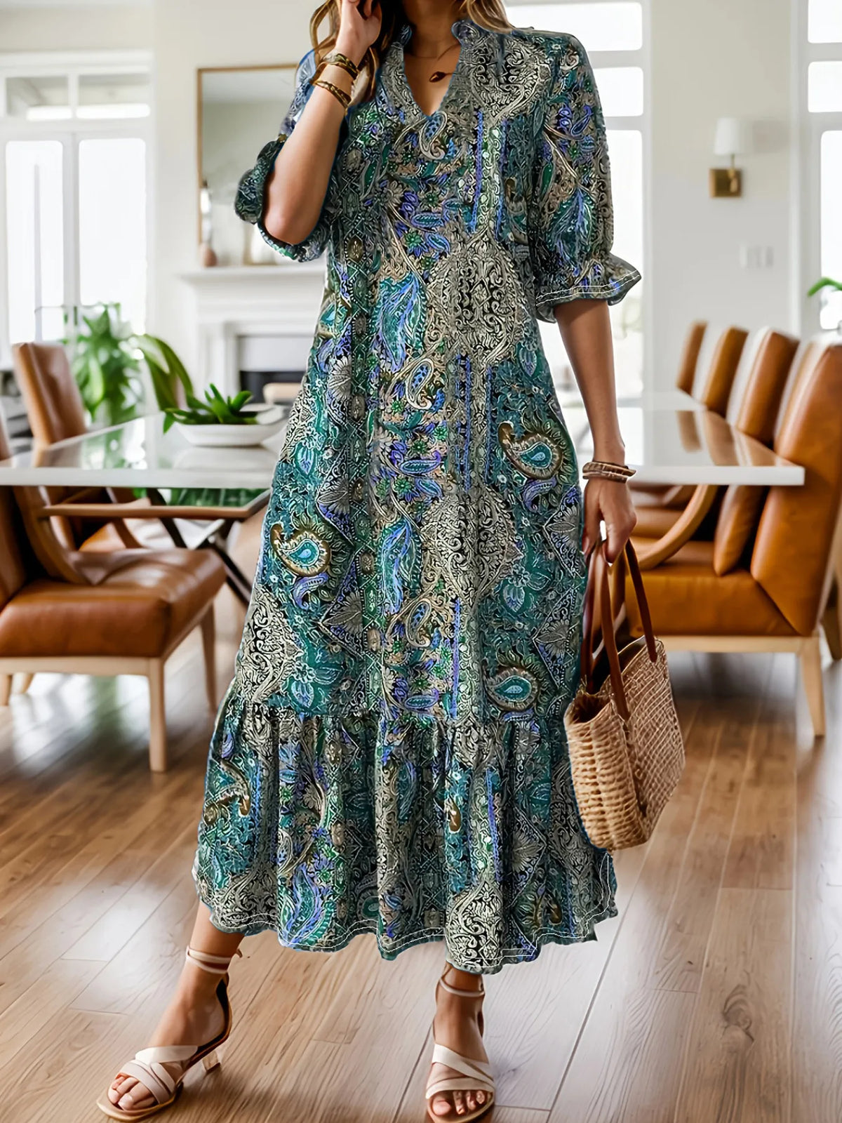 Full Size Bohemian Paisley Print Ruffle Hem Midi Dress Plus Size - Lilixa.store