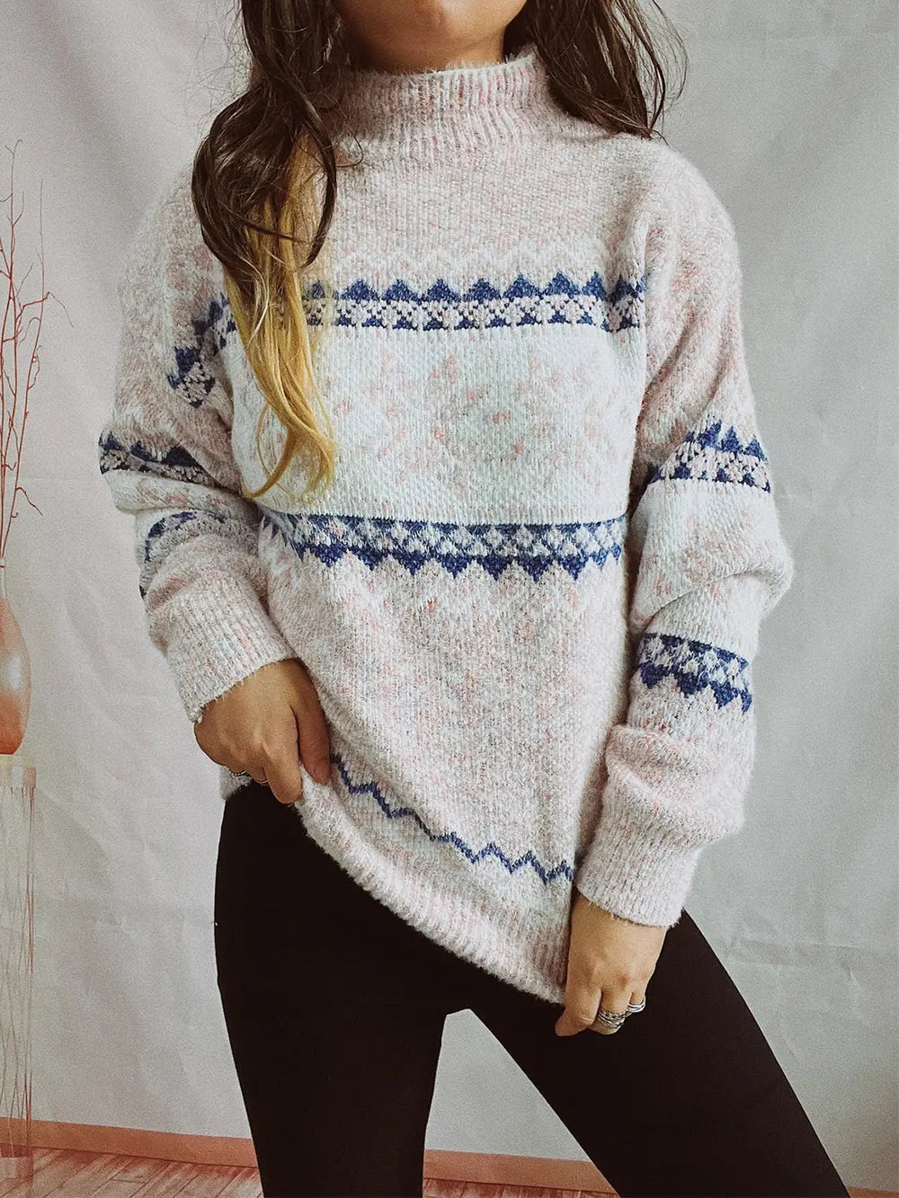 Geometric Mock Neck Dropped Shoulder Sweater in Eggshell
