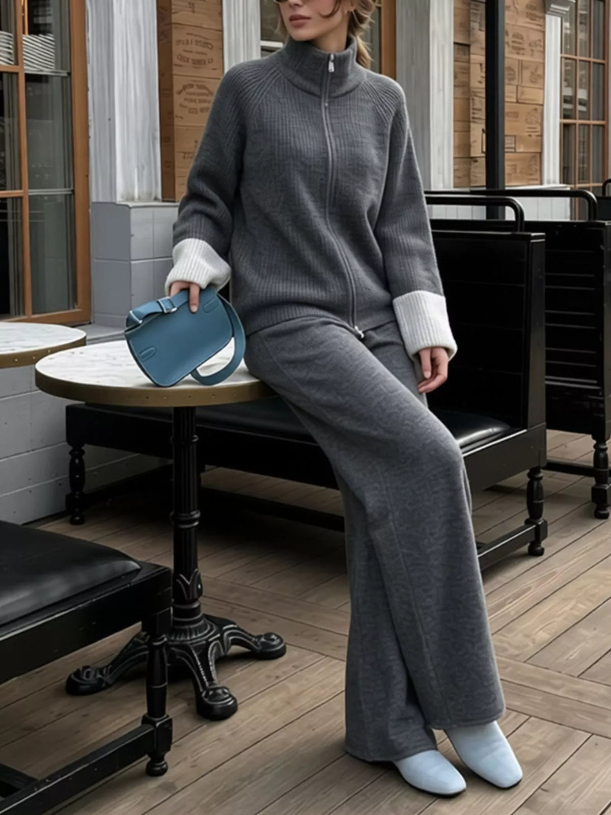 Zip-Up Contrast Cuff Cardigan and Pants Sweater Set, view 22