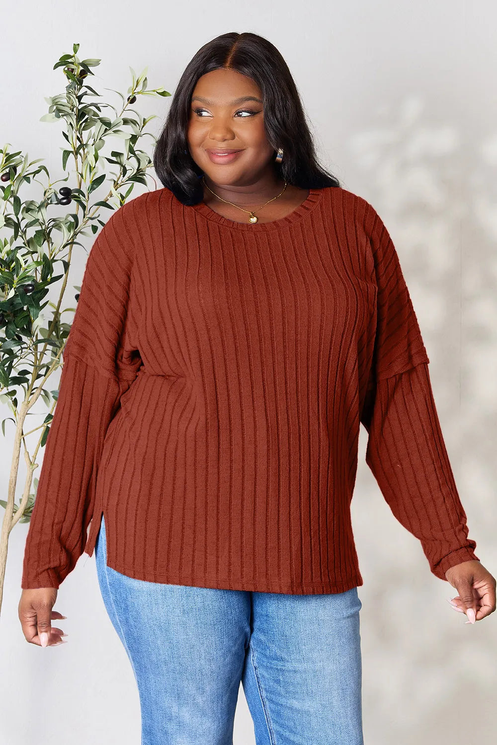 Basic Bae Full Size Ribbed Round Neck Slit Knit Top - Lilixa.store
