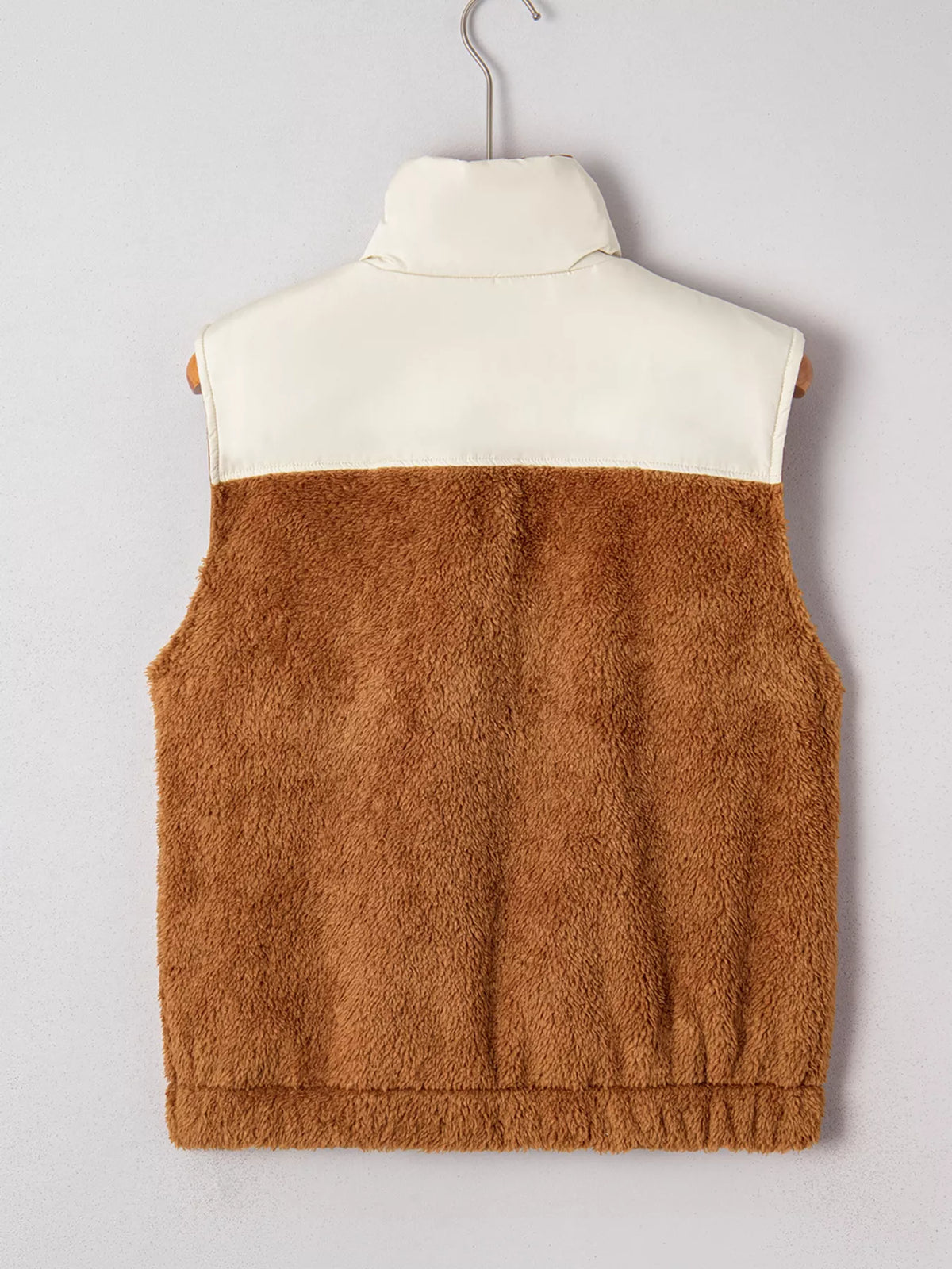 Color Block Plush Patchwork Zipper Stand Neck Vest Coat - Lilixa.store