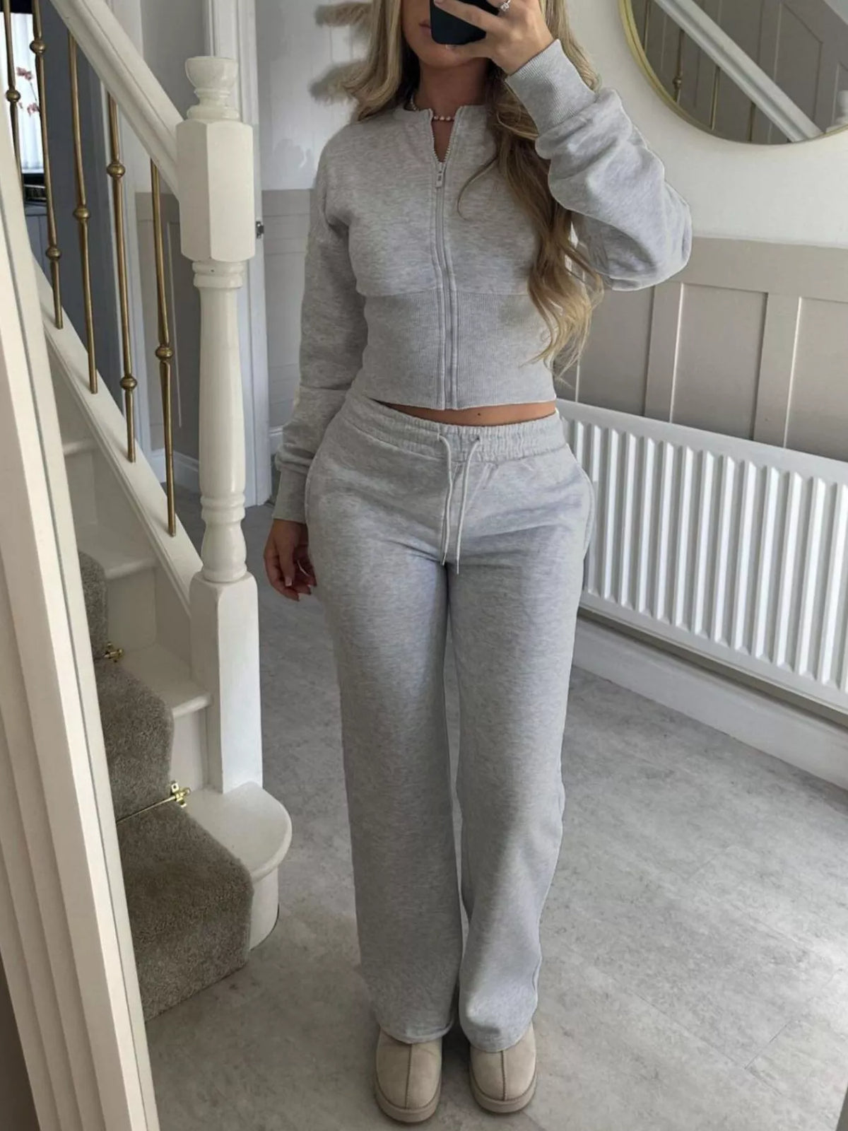 Zip-Up Crop Hoodie and High-Waisted Pants Set - Lilixa.store