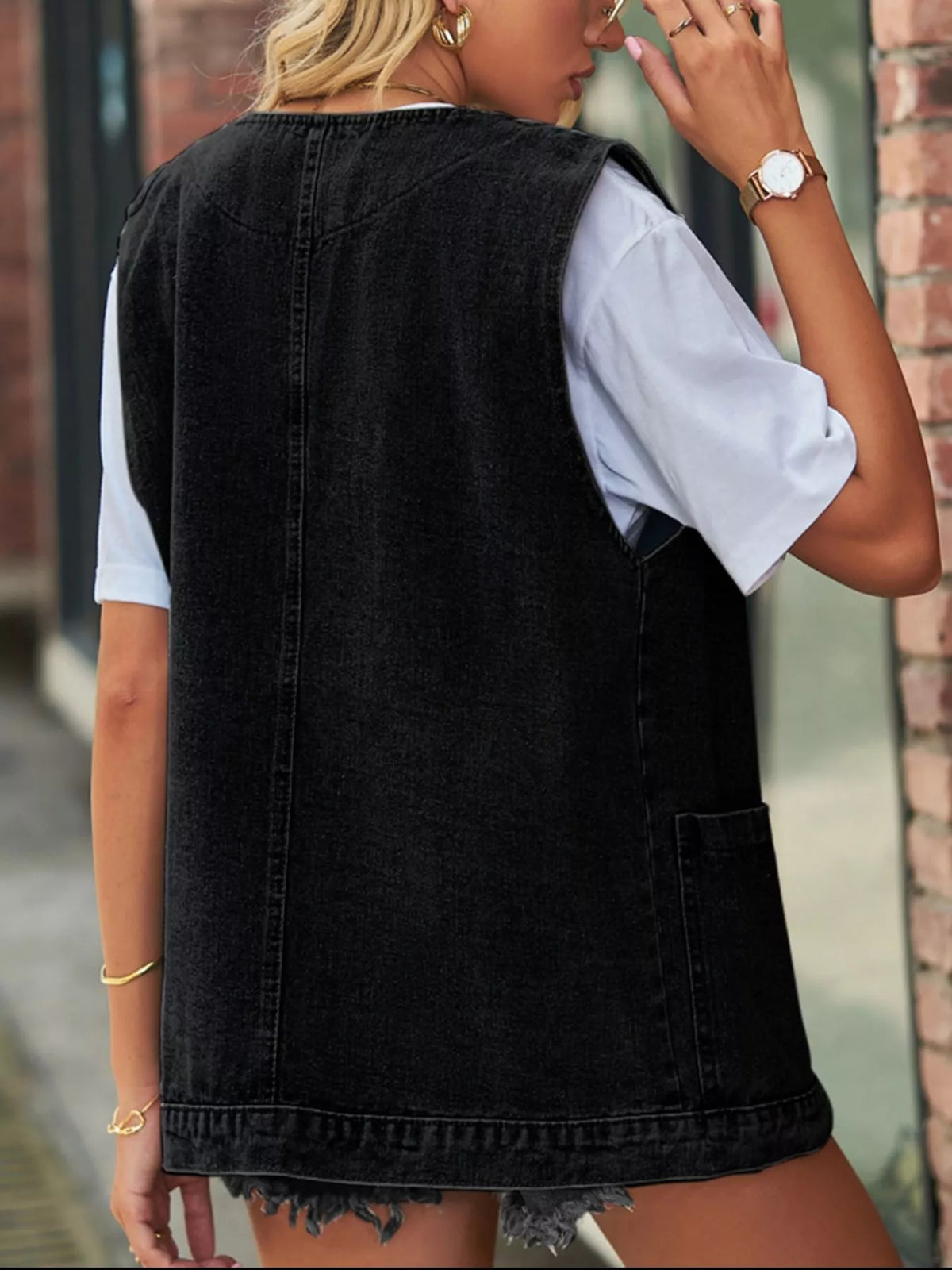 Sleeveless Button-Down Denim Jacket Vest, view 7