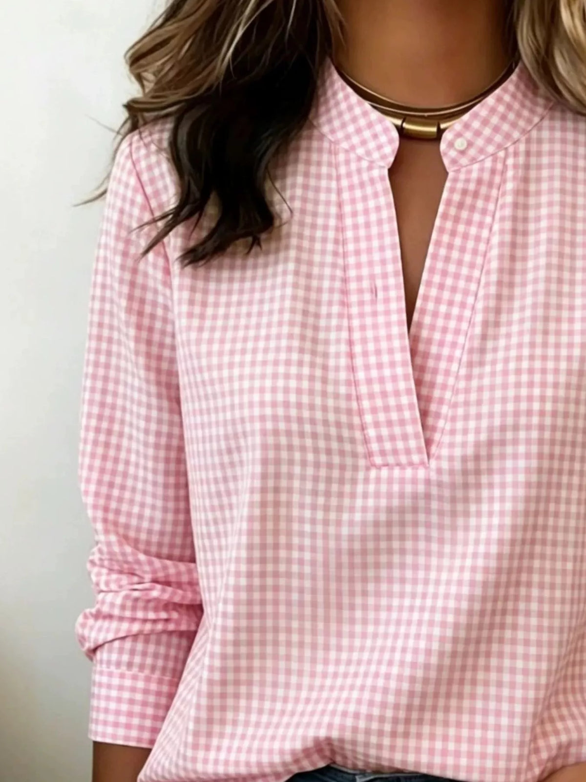 Full Size Plaid Notched Long Sleeve Blouse Plus Size - Lilixa.store